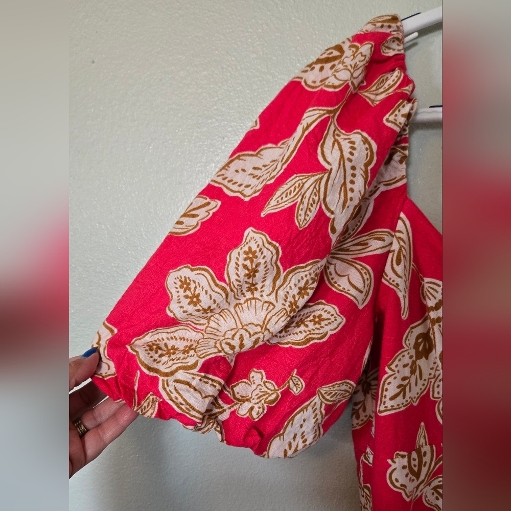 Every | Bright Pink With Brown Floral Print Linen Blend Maxi Dress Size Large - Picture 5 of 9